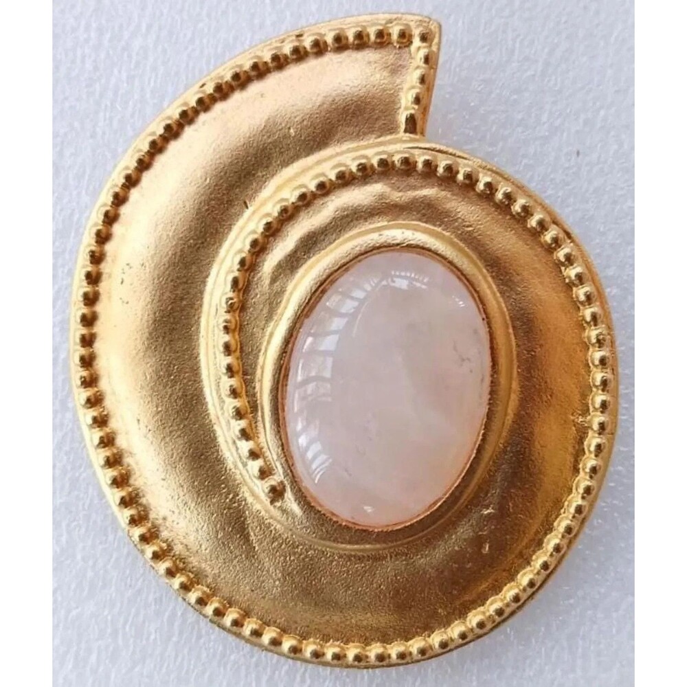 Vintage 1980s Leslie Block Gold Tone Brooch Rose Quartz Cabochon Modernist Pin